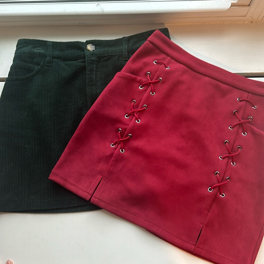 Mini skirt BUNDLE ✨ red suede with lace detailing and green corduroy